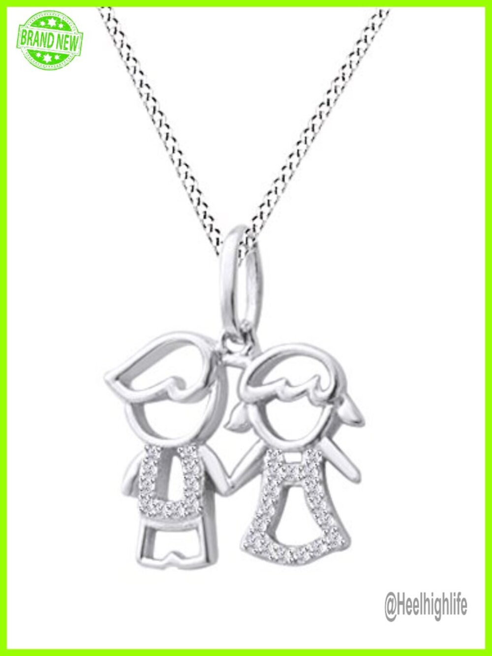 925 Sterling Silver 14K White Gold Plated CZ Twins Family Pendant Necklace